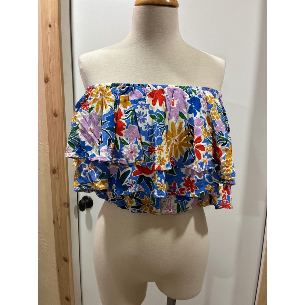 Sugar Lips Floral Ruffle Crop Top Strapless Multi Color Tiered Tube Top XS